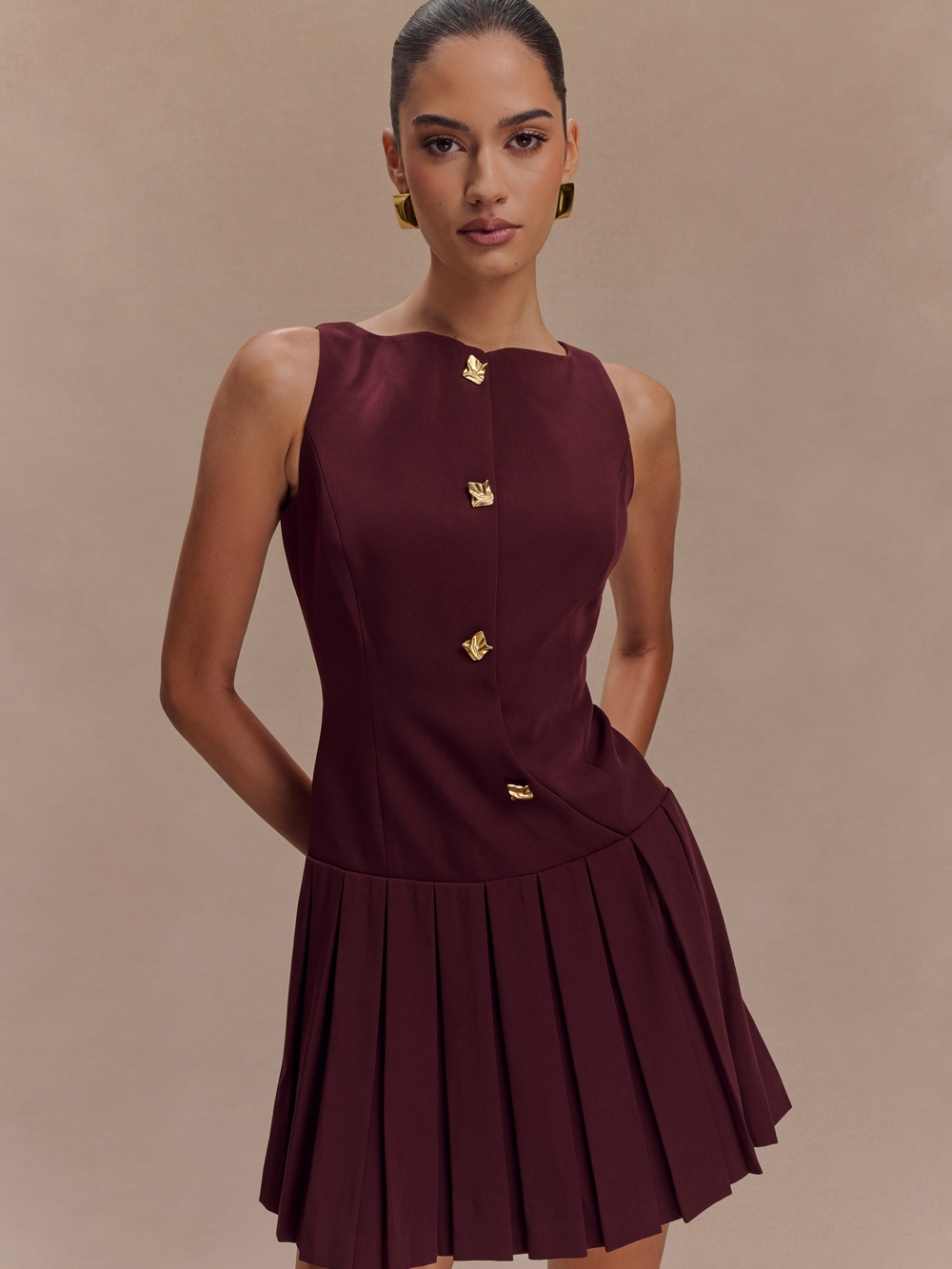 Meshki Burgundy Sleeveless Pleated Mini Dress with Gold Buttons